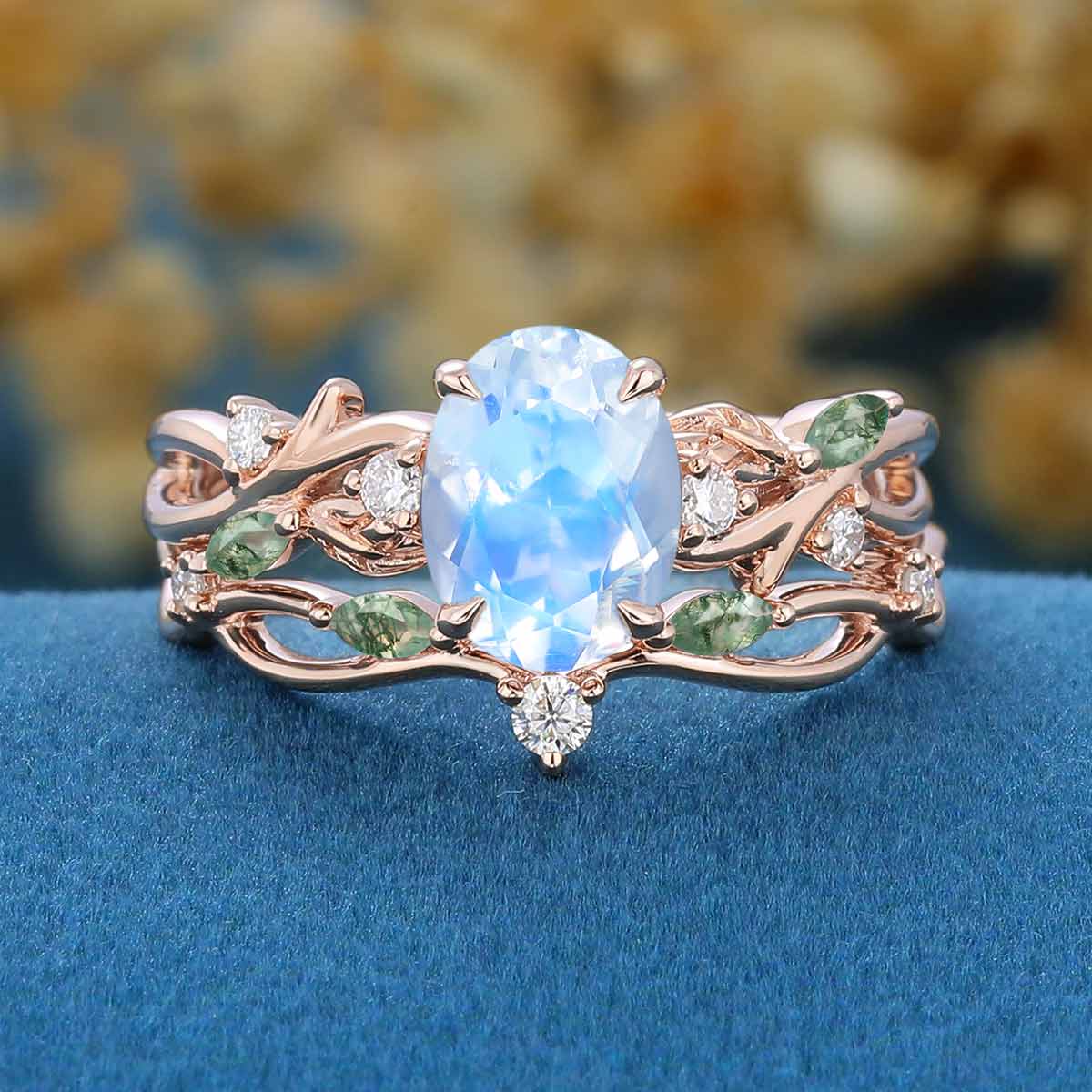 Oval cut Nature Inspired Moonstone Engagement Ring & Moss Agate Wedding Bridal Set
