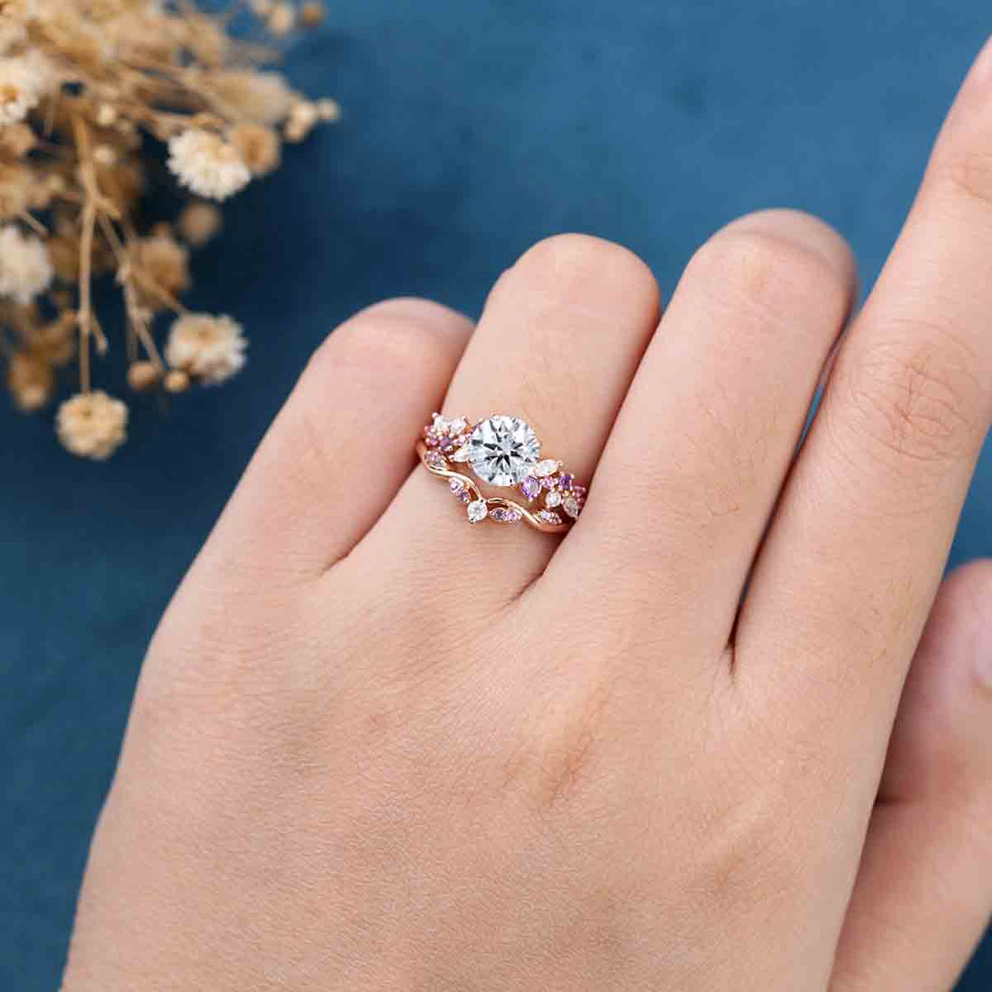 1.0CT~5.0CT Round cut Lab Grown Diamond Cluster Bridal Set