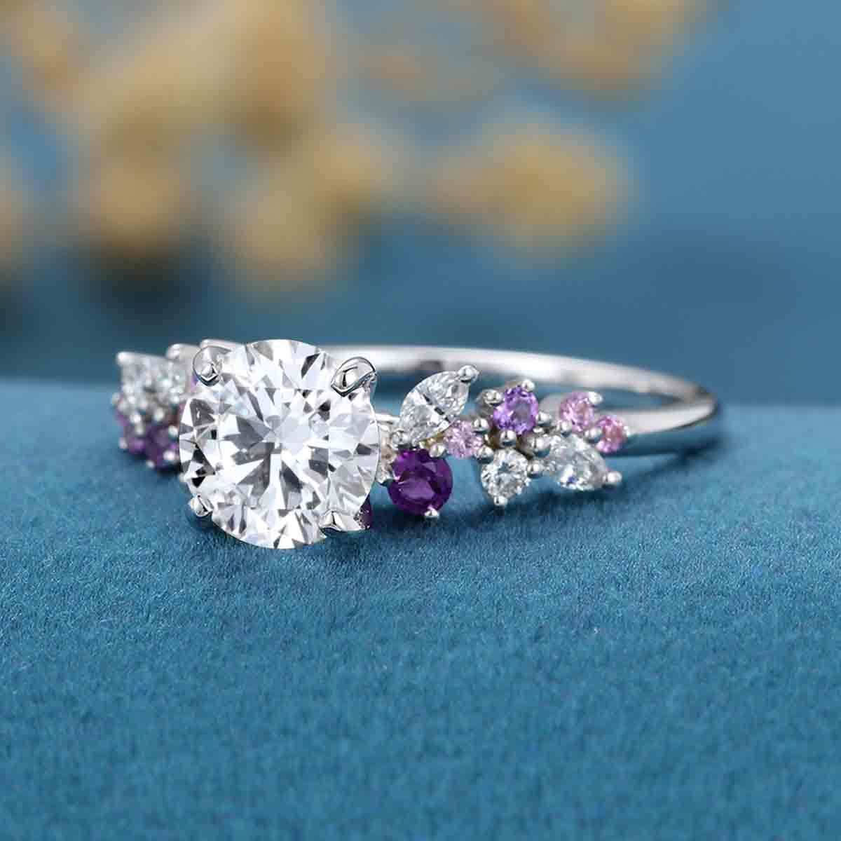 1.0CT~5.0CT Round cut Lab Grown Diamond Cluster Engagement Ring