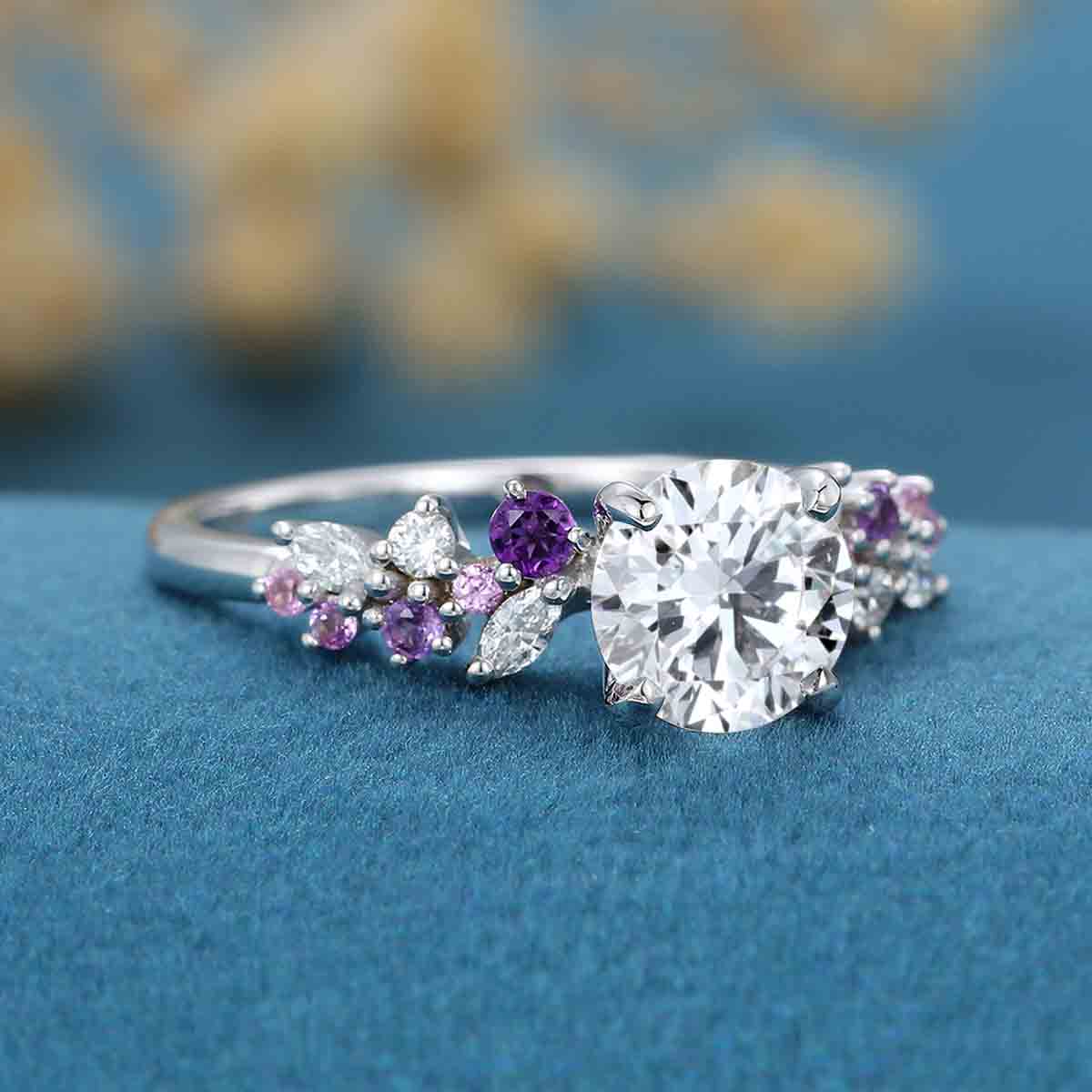 1.0CT~5.0CT Round cut Lab Grown Diamond Cluster Engagement Ring