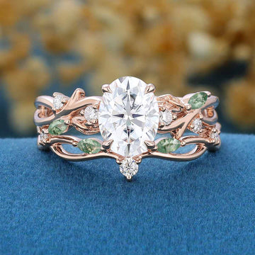 1.0ct~5.0ct Oval cut Moissanite Engagement ring Rose gold Moss Agate Wedding Bridal Set