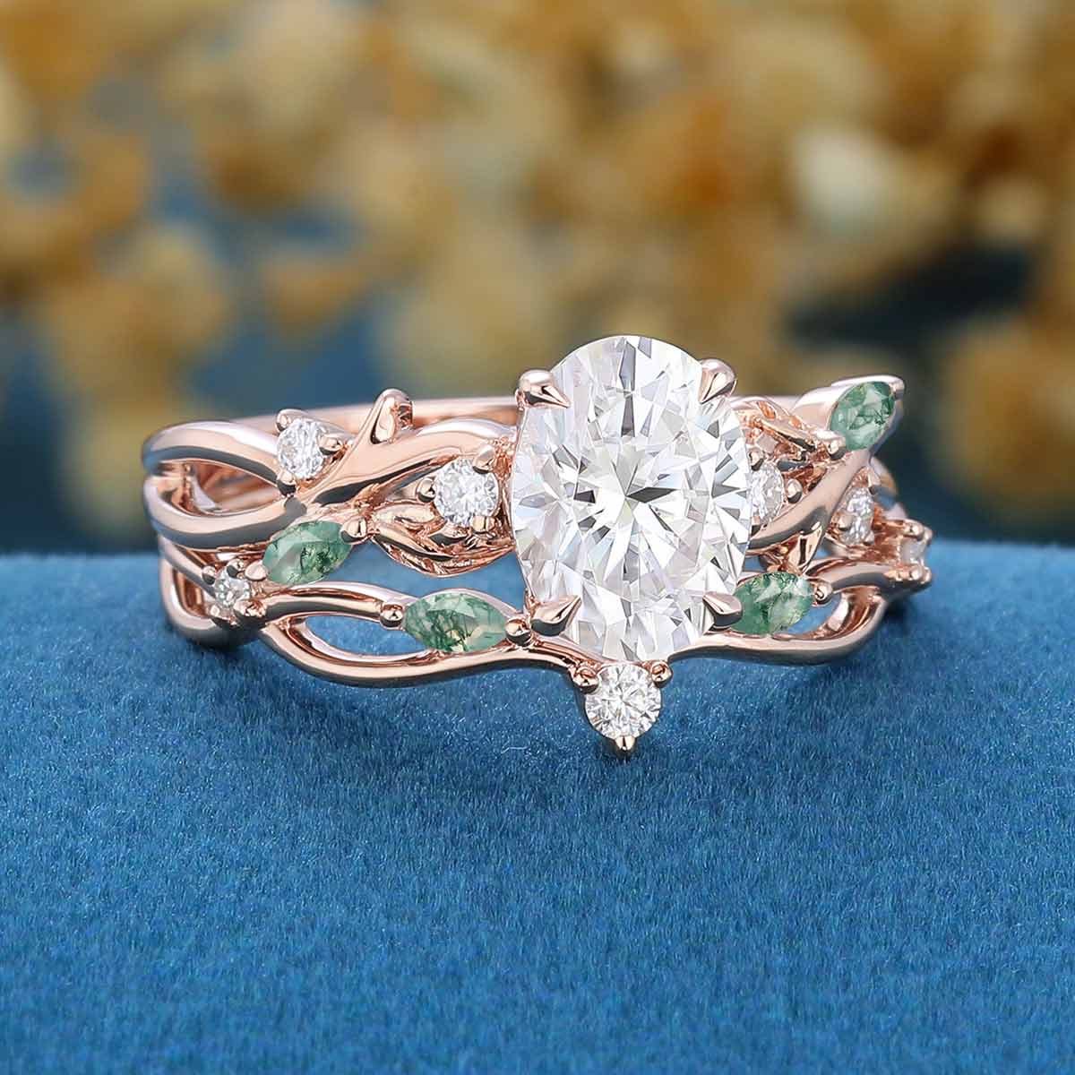 1.0ct~5.0ct Oval cut Moissanite Engagement ring Rose gold Moss Agate Wedding Bridal Set