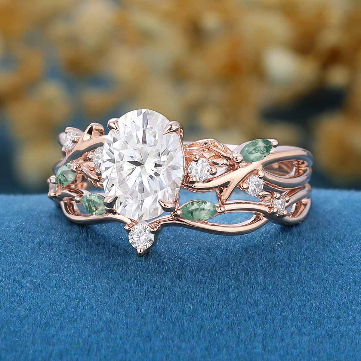 1.0ct~5.0ct Oval cut Moissanite Engagement ring Rose gold Moss Agate Wedding Bridal Set