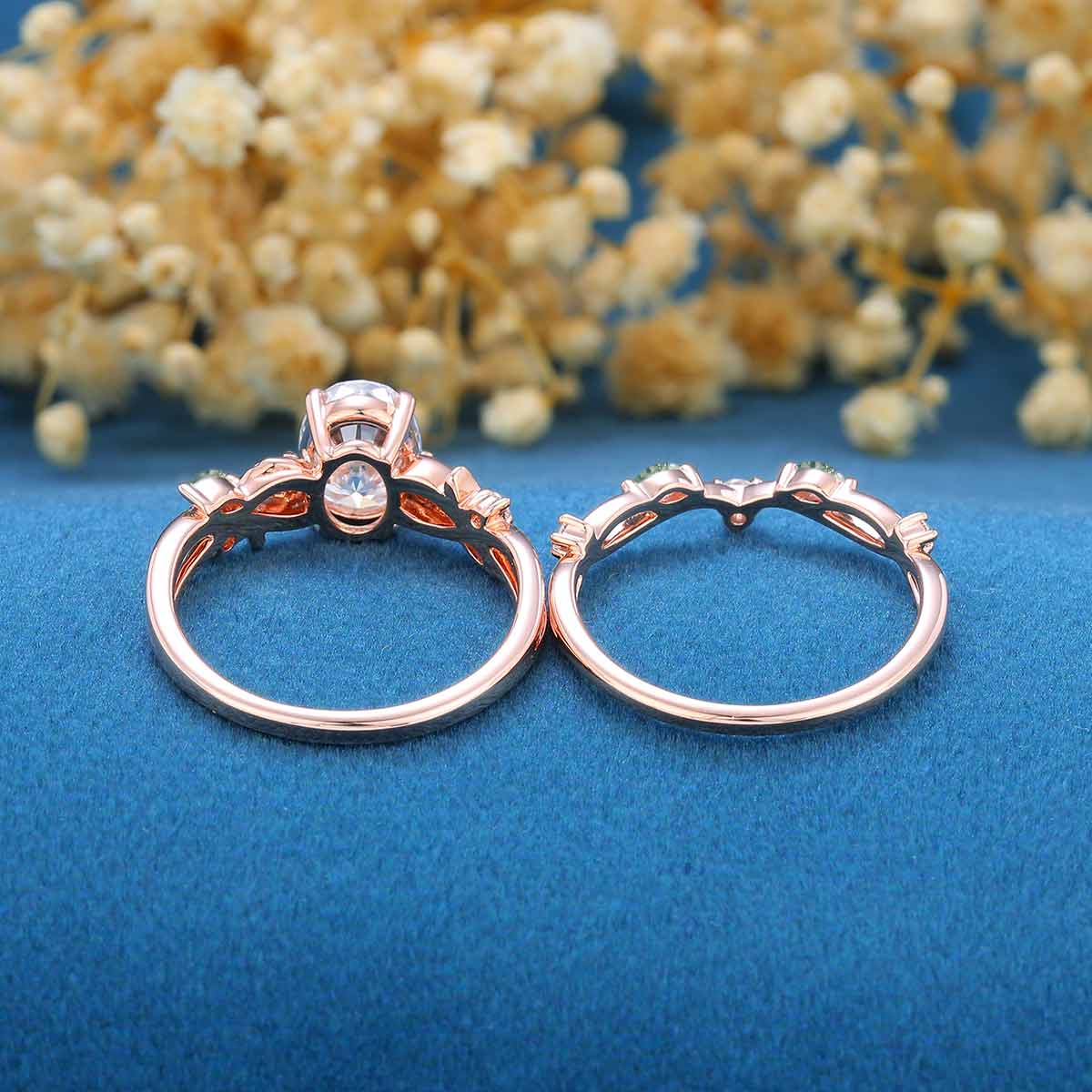 1.0ct~5.0ct Oval cut Moissanite Engagement ring Rose gold Moss Agate Wedding Bridal Set