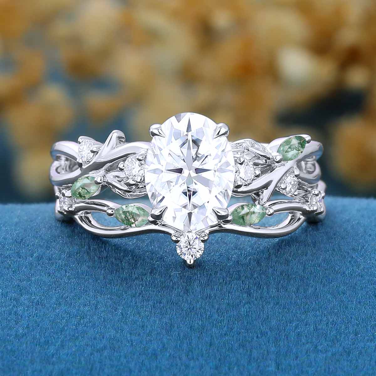 1.0ct~5.0ct Oval cut Moissanite Engagement ring Rose gold Moss Agate Wedding Bridal Set
