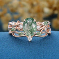 Oval Cut Moss Agate Cluster Engagement ring Bridal Set