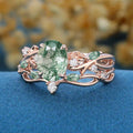 Oval Cut Moss Agate Cluster Engagement ring Bridal Set