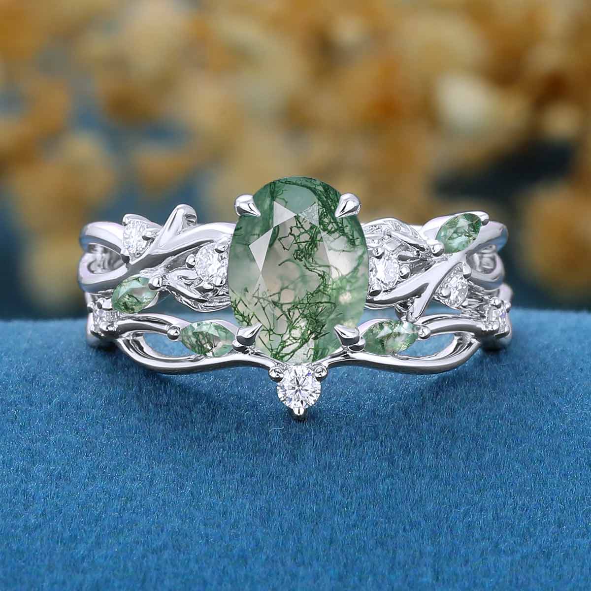 Oval Cut Moss Agate Cluster Engagement ring Bridal Set