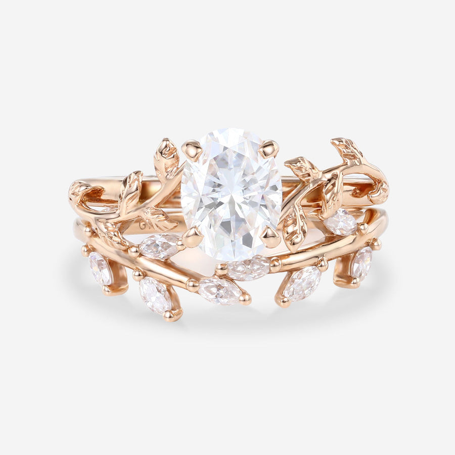 1.2Carat Oval cut Moissanite Leaf Diamonds Rose Gold Wedding Bridal Set