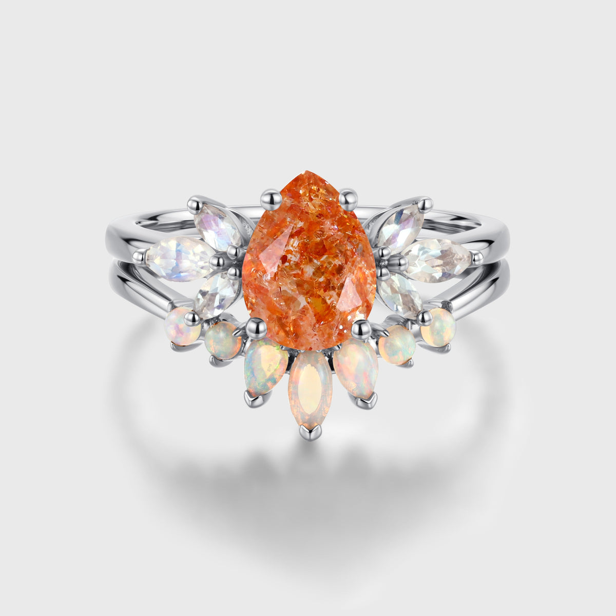 1.2 Carat Pear Sun Stone + Moonstone Cluster  | Opal wedding Bridal Set