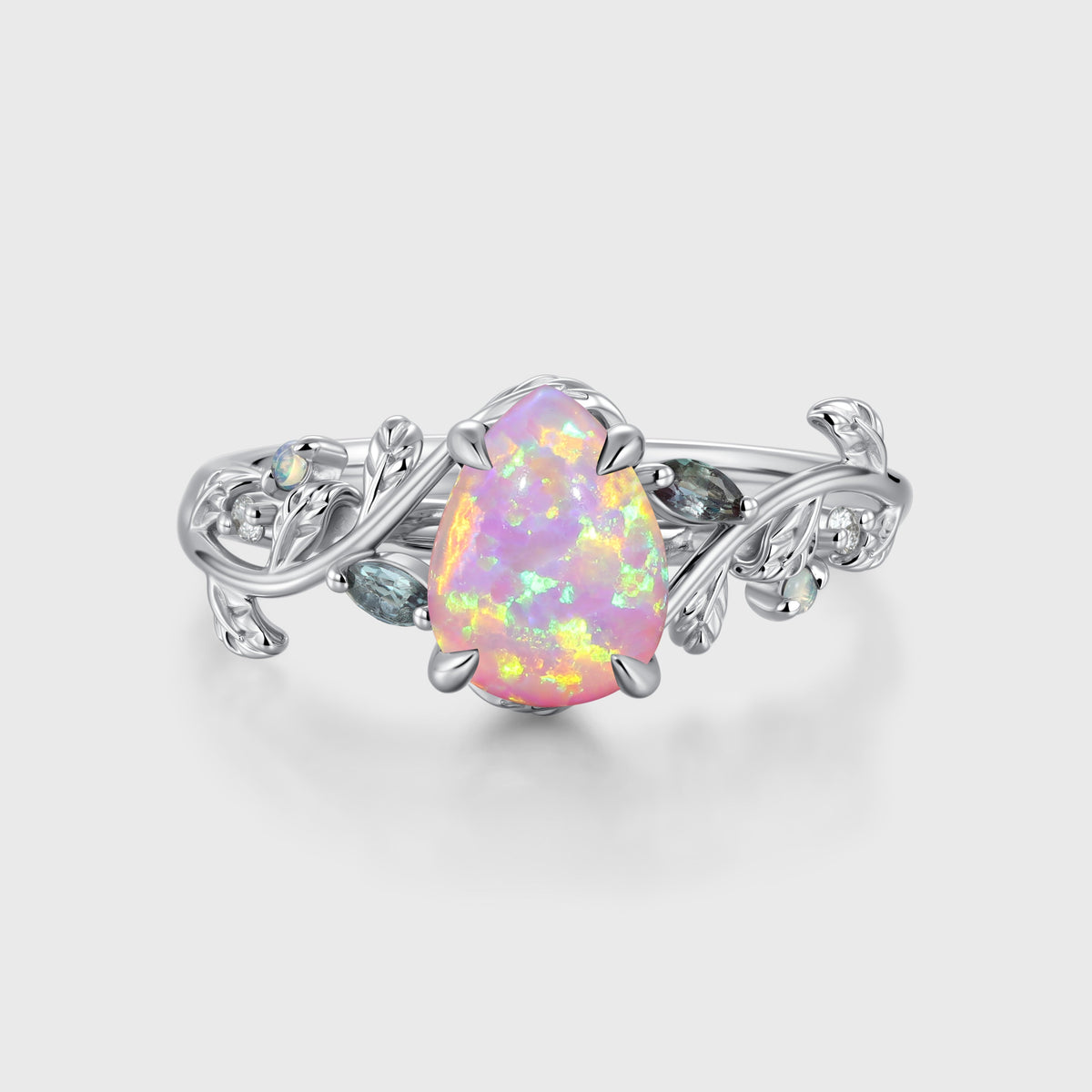 Inspired Pear cut Lab Pink Opal Matching Moonstone | Amethyst Solid Gold Engagement Ring