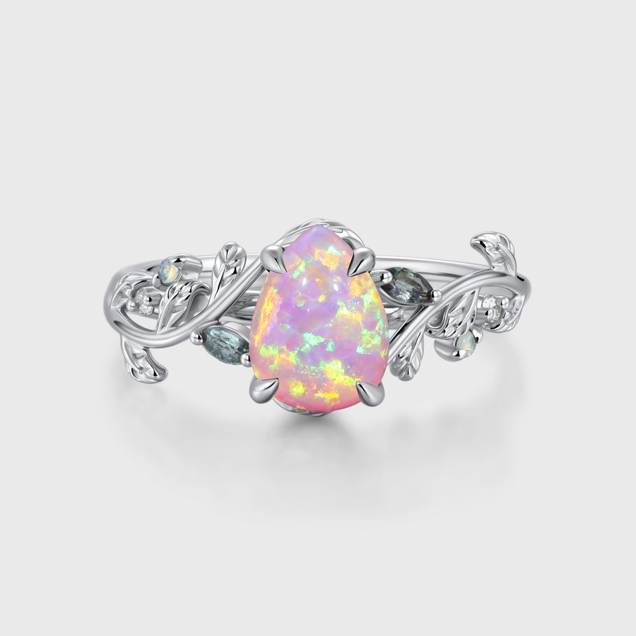 Inspired Pear cut Lab Pink Opal Matching Moonstone | Amethyst Solid Gold Engagement Ring