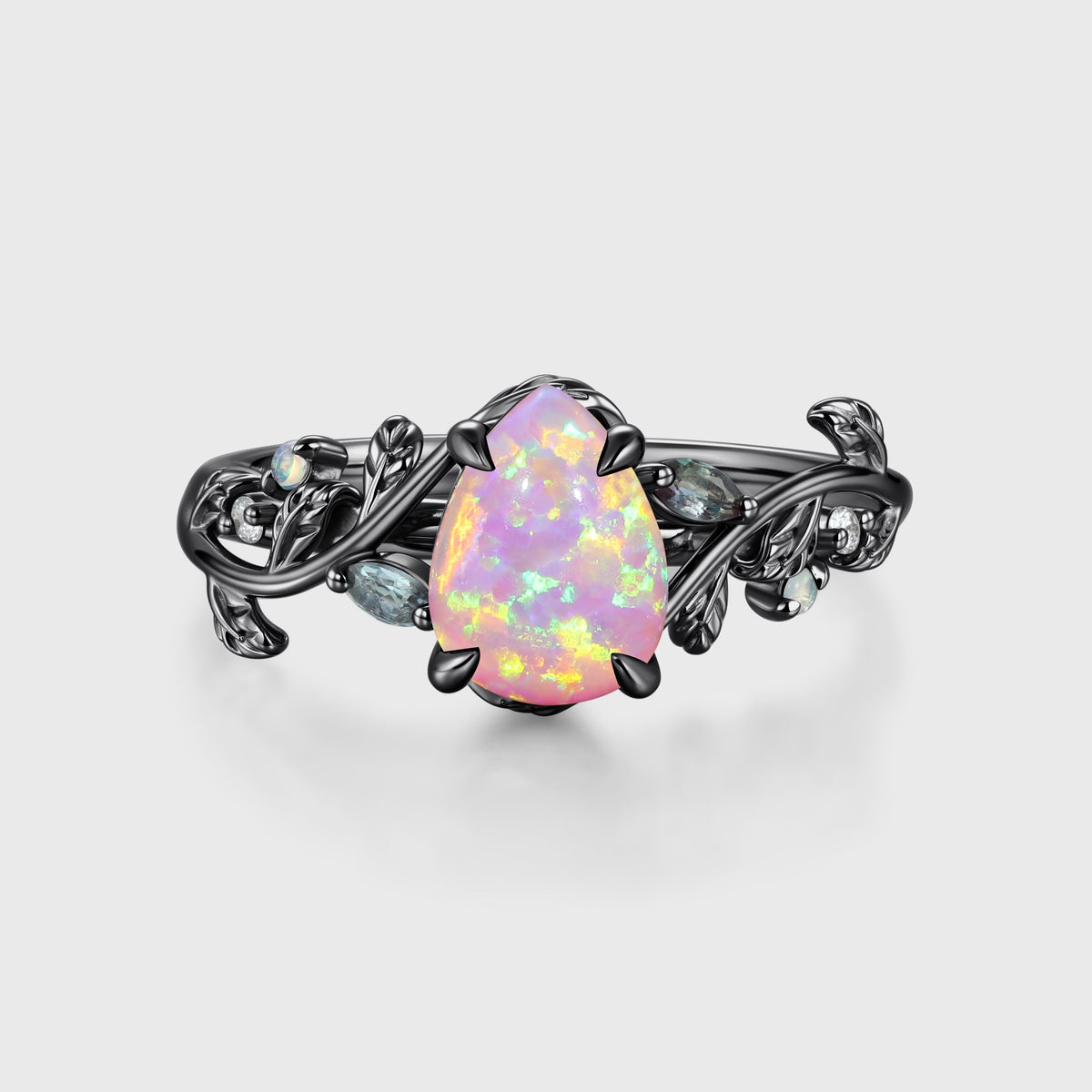 Inspired Pear cut Lab Pink Opal Matching Moonstone | Amethyst Solid Gold Engagement Ring