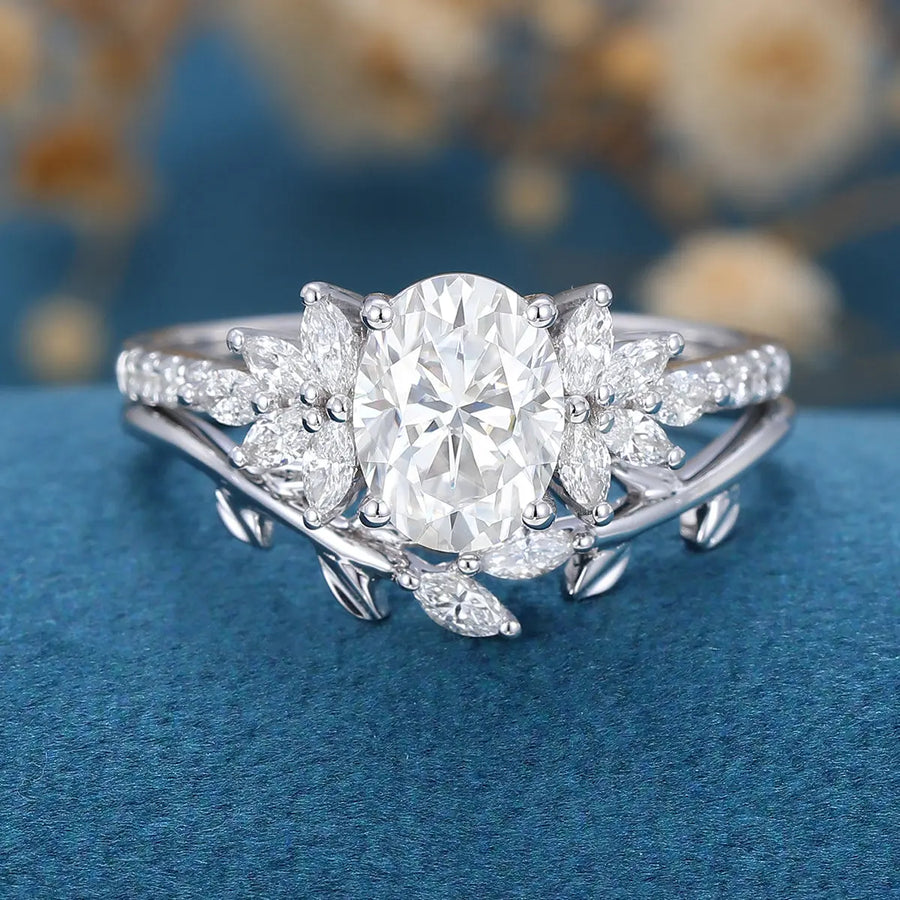 Oval cut Moissanite Cluster Engagement ring Bridal Set