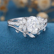 Oval cut Moissanite Cluster Engagement ring Bridal Set