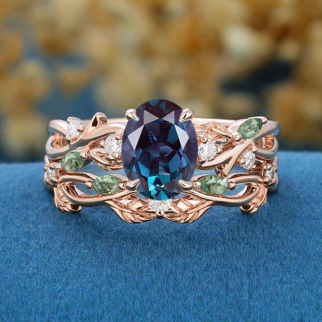 Oval Cut Alexandrite Engagement ring + Nature Inspired Moss agate Wedding Bridal Set