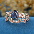 Oval Cut Alexandrite Engagement ring + Nature Inspired Moss agate Wedding Bridal Set