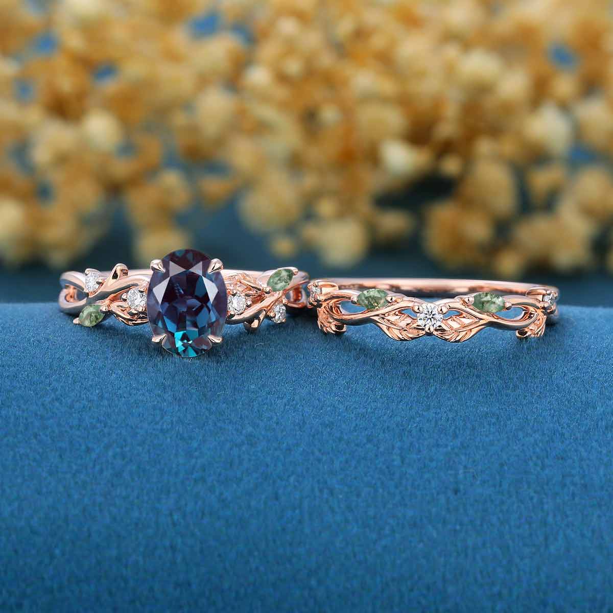 Oval Cut Alexandrite Engagement ring + Nature Inspired Moss agate Wedding Bridal Set