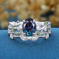 Oval Cut Alexandrite Engagement ring + Nature Inspired Moss agate Wedding Bridal Set