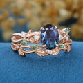 Oval Cut Alexandrite Engagement ring + Nature Inspired Moss agate Wedding Bridal Set