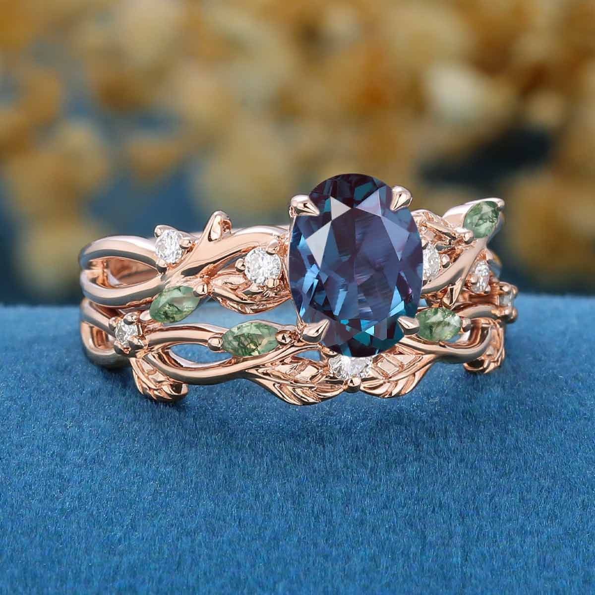 Oval Cut Alexandrite Engagement ring + Nature Inspired Moss agate Wedding Bridal Set