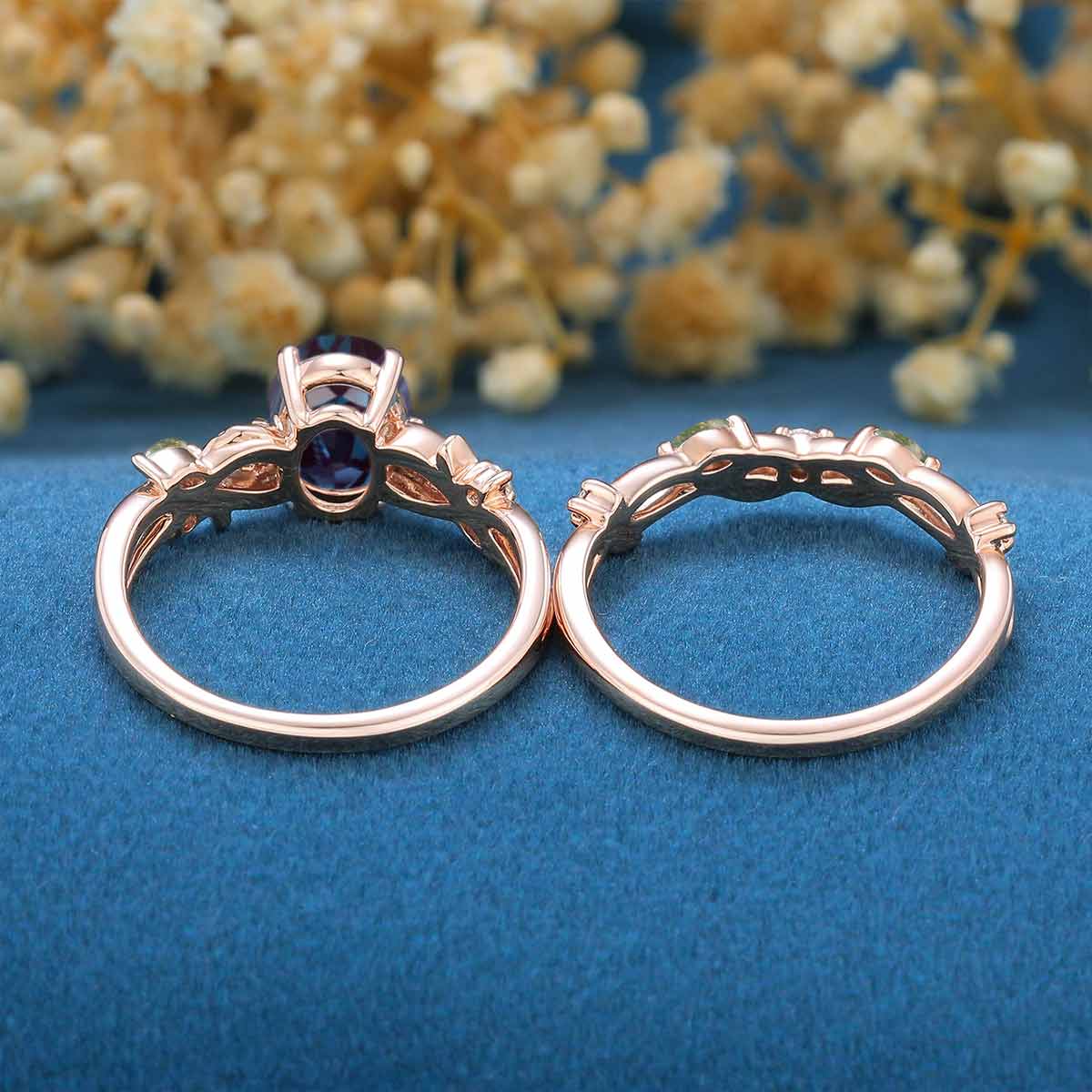Oval Cut Alexandrite Engagement ring + Nature Inspired Moss agate Wedding Bridal Set