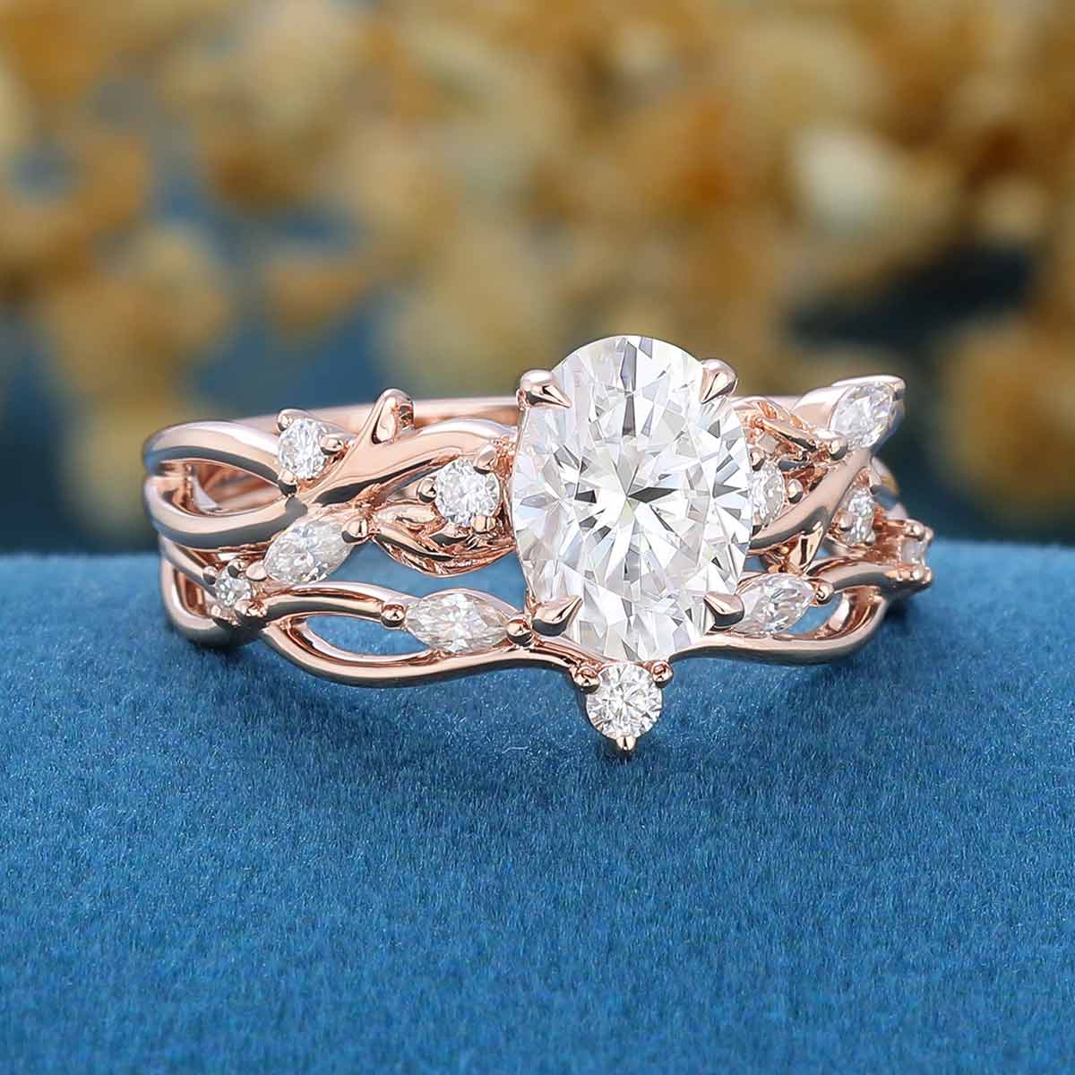 1.0ct~5.0ct Oval Cut Moissanite Cluster Engagement ring Bridal Set