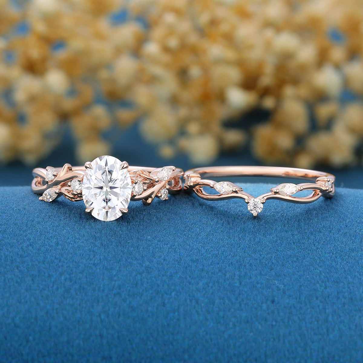 1.0ct~5.0ct Oval Cut Moissanite Cluster Engagement ring Bridal Set