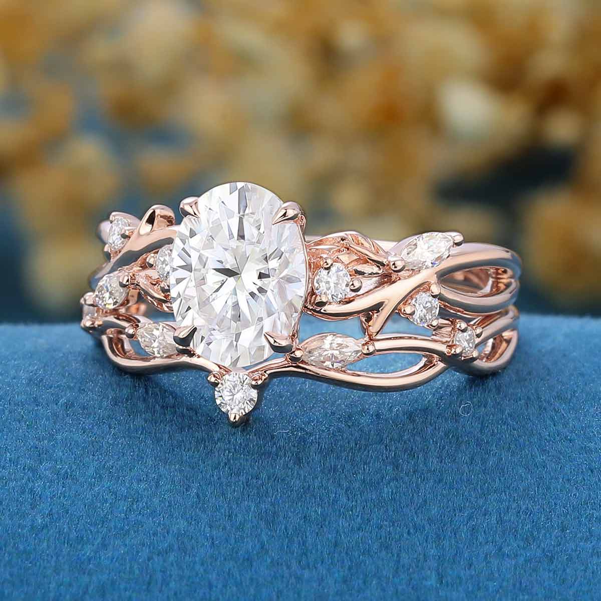 1.0ct~5.0ct Oval Cut Moissanite Cluster Engagement ring Bridal Set