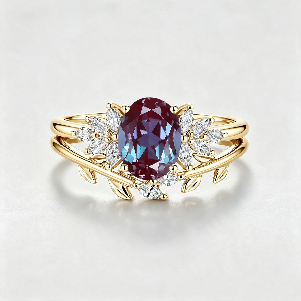 1.5Carat Oval Lab Alexandrite Cluster Engagement Ring Bridal Set