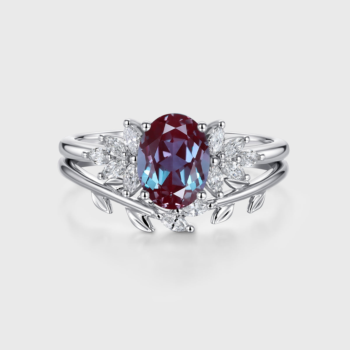 1.5Carat Oval Lab Alexandrite Cluster Engagement Ring Bridal Set