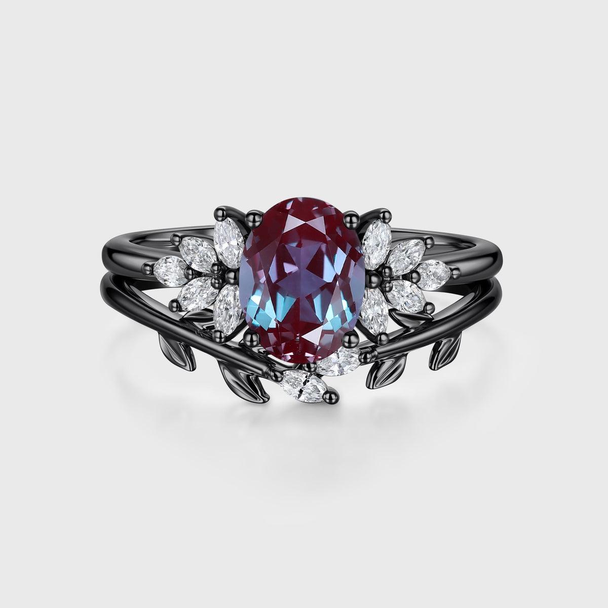 1.5Carat Oval Lab Alexandrite Cluster Engagement Ring Bridal Set