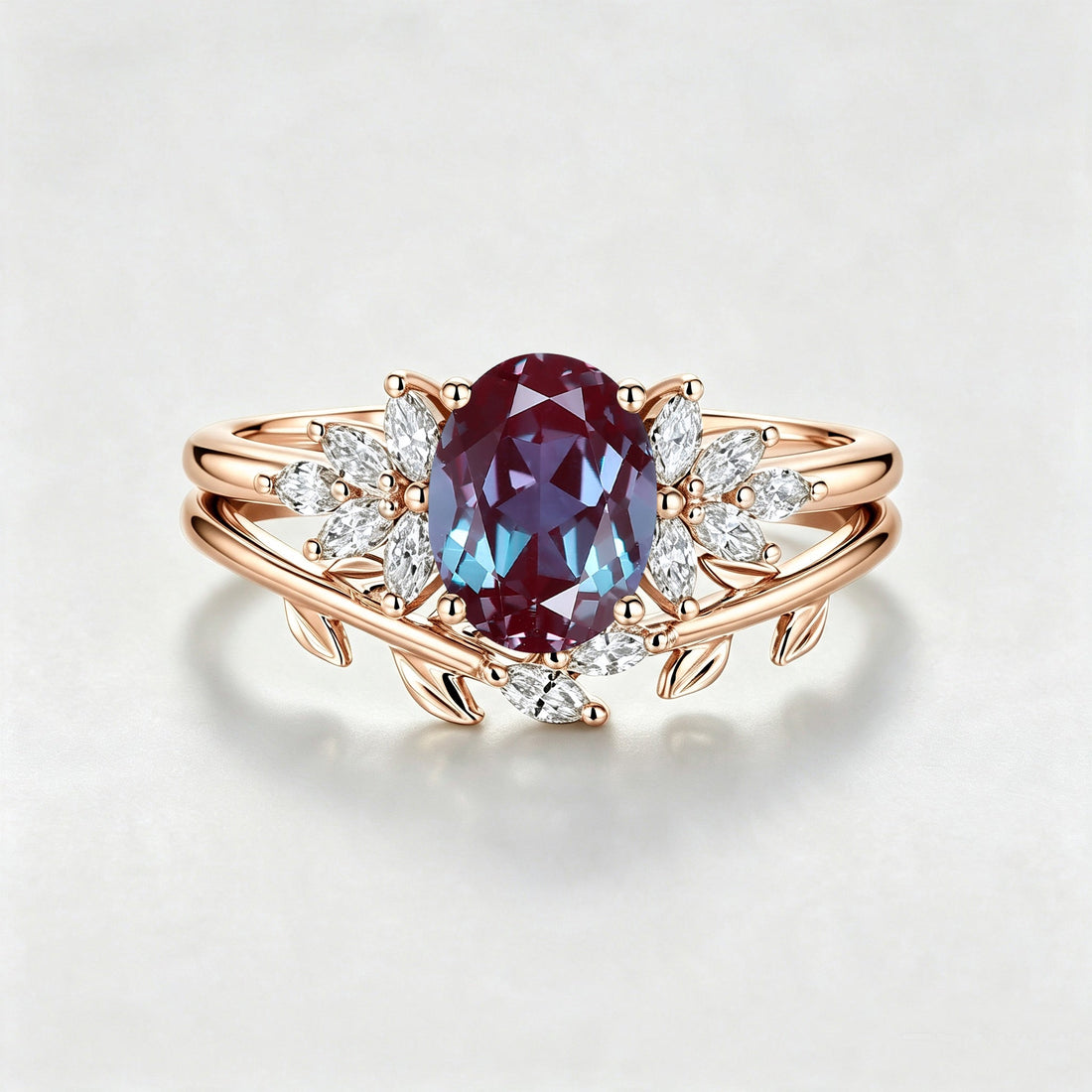 1.5Carat Oval Lab Alexandrite Cluster Engagement Ring Bridal Set