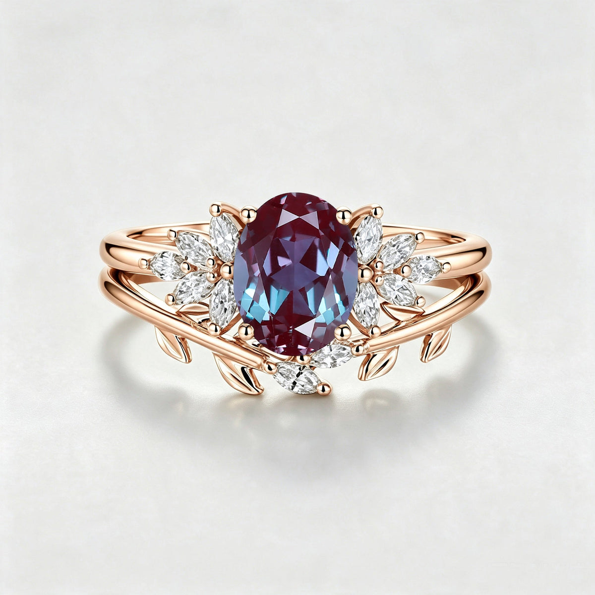 1.5Carat Oval Lab Alexandrite Cluster Engagement Ring Bridal Set