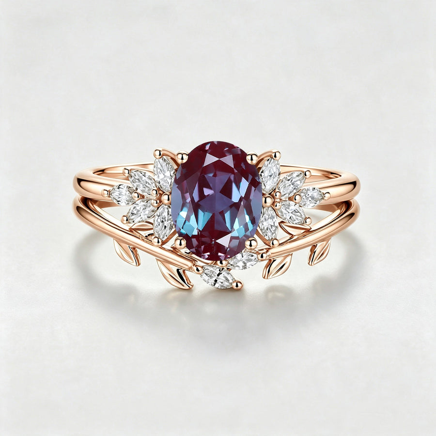 1.5Carat Oval Lab Alexandrite Cluster Engagement Ring Bridal Set