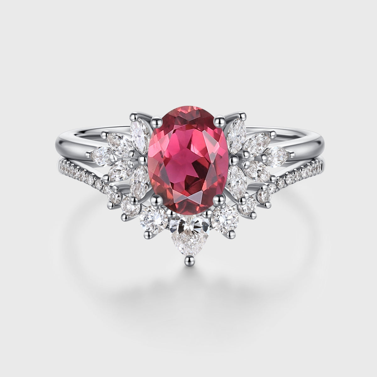 1.5Carat Oval cut Tourmaline Cluster Engagement ring Bridal Set