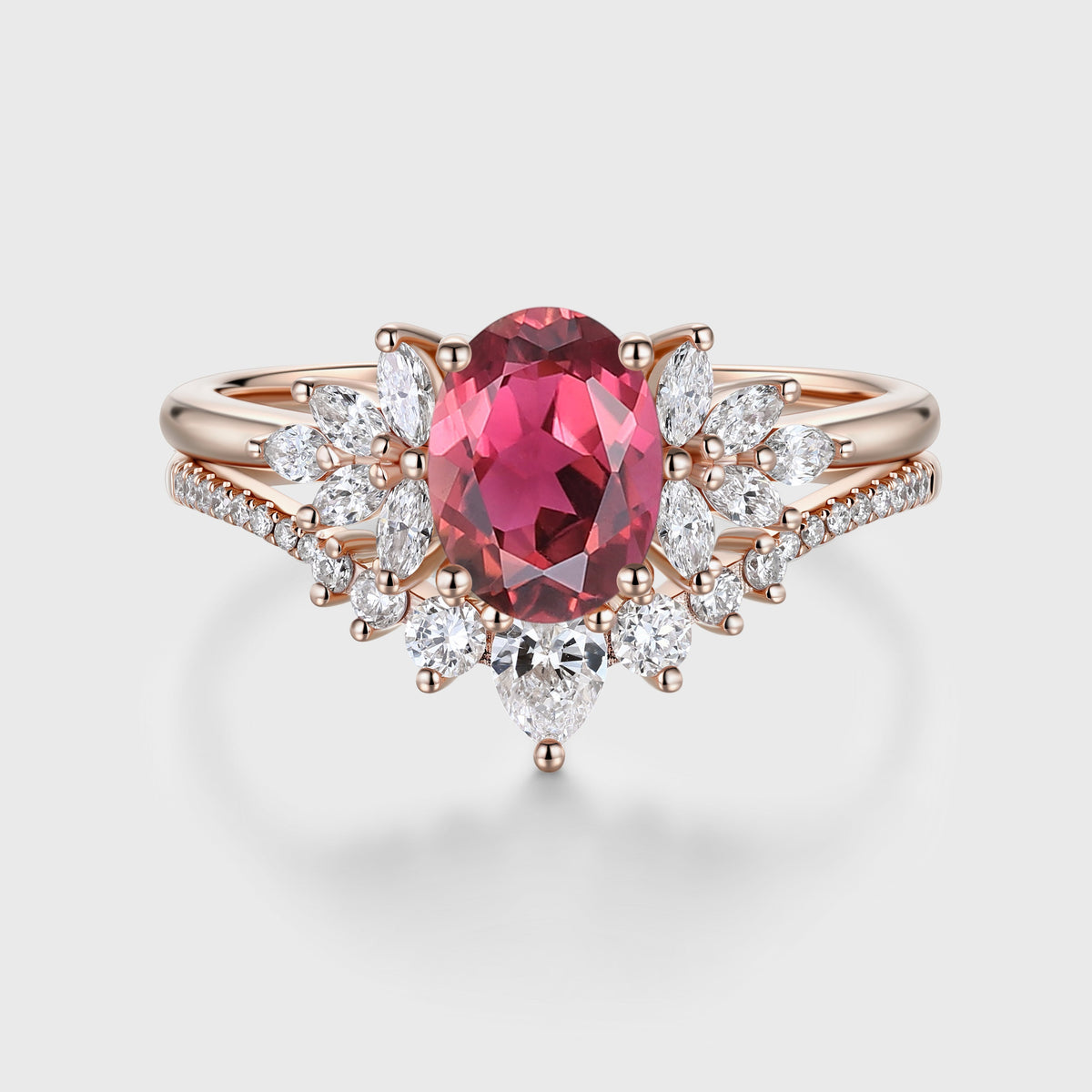 1.5Carat Oval cut Tourmaline Cluster Engagement ring Bridal Set
