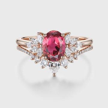 1.5Carat Oval cut Tourmaline Cluster Engagement ring Bridal Set