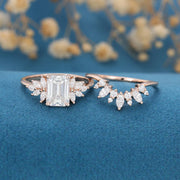 1.6 Carat Vintage Emerald cut Moissanite Cluster Engagement Ring Set 