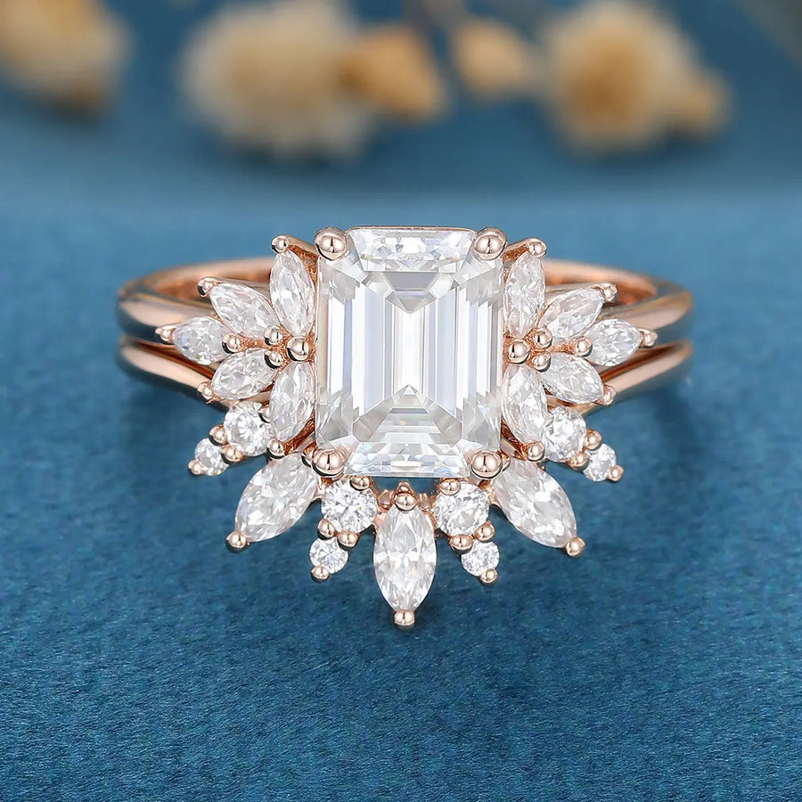 1.6 Carat Vintage Emerald cut Moissanite Cluster Engagement Ring Set 