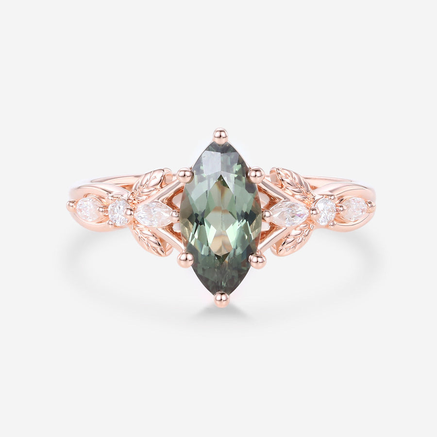 Marquise cut Lab Blue Green Sapphire Engagement Ring