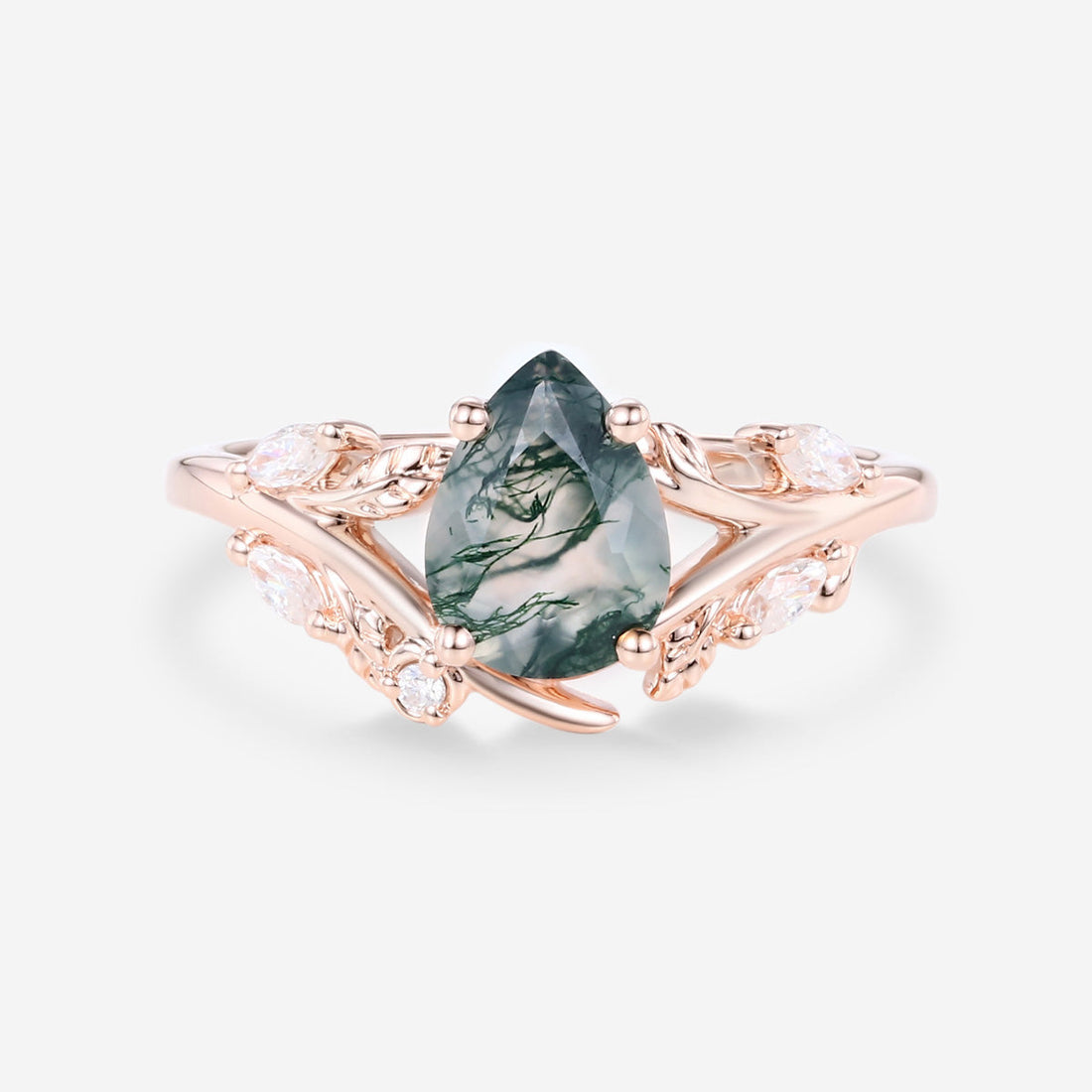 Nature Inspired Pear cut Moss agate Engagement Ring