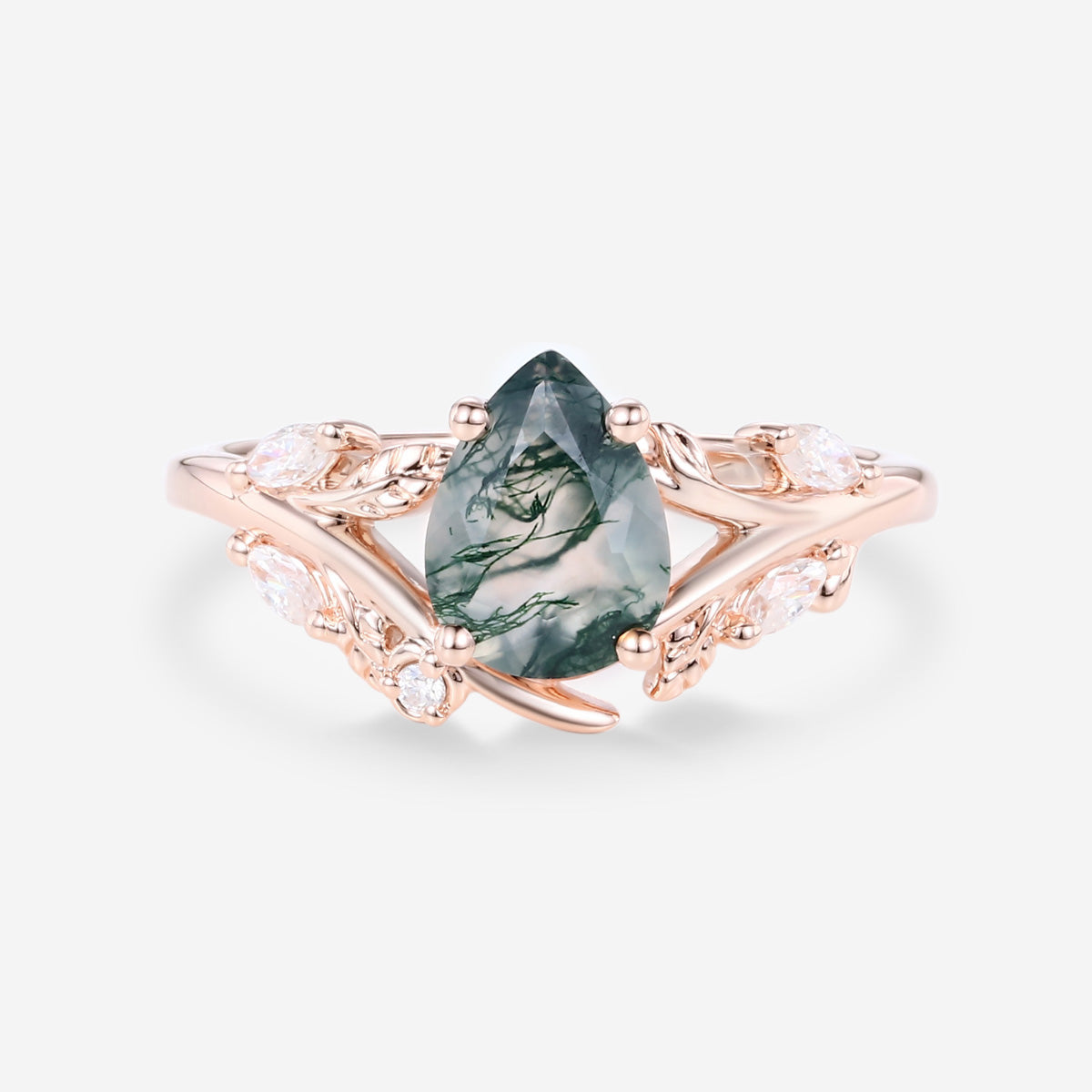 Nature Inspired Pear cut Moss agate Engagement Ring