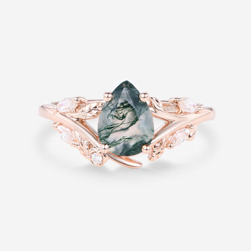 Nature Inspired Pear cut Moss agate Engagement Ring