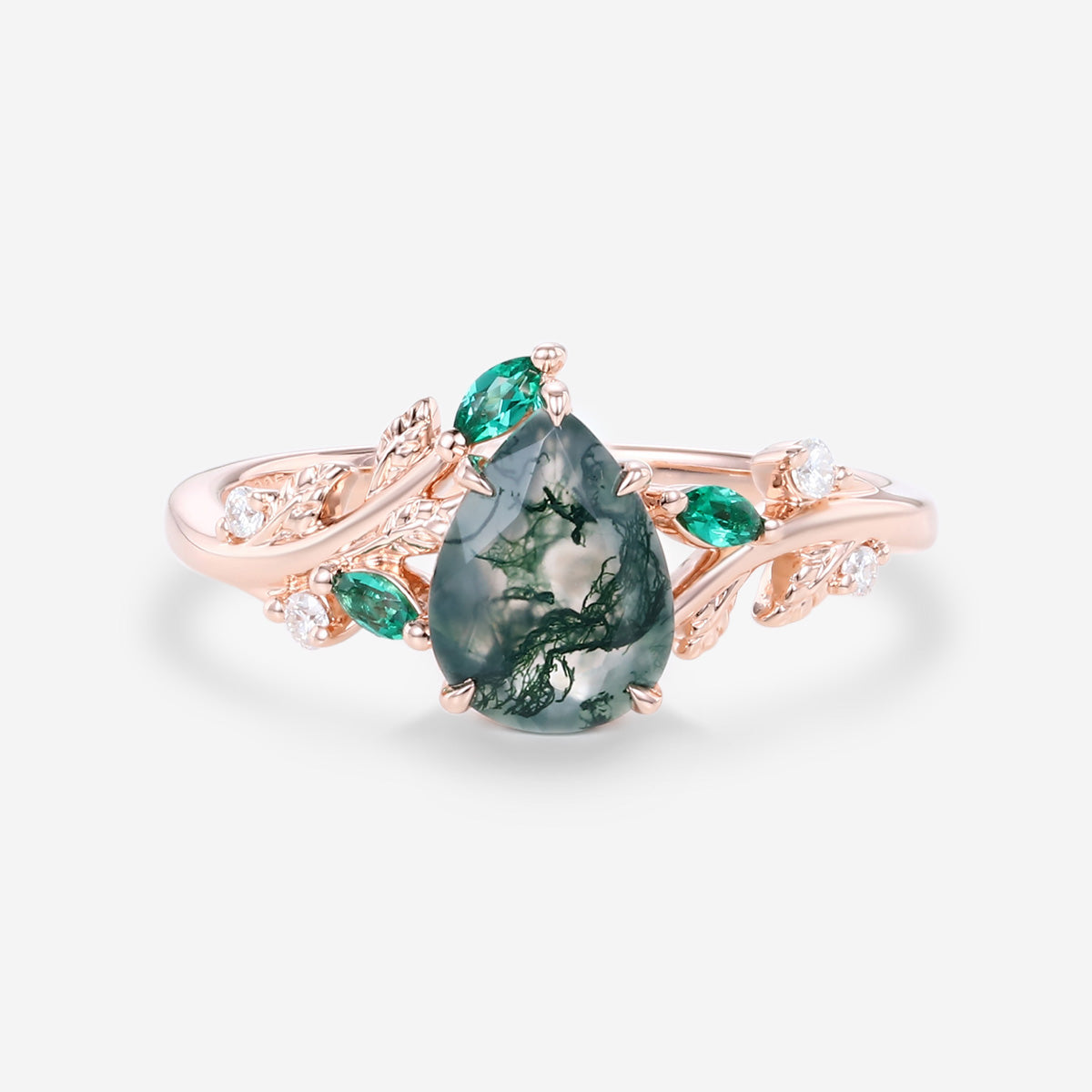 Pear cut Moss Agate + Lab Emerald Engagement Ring