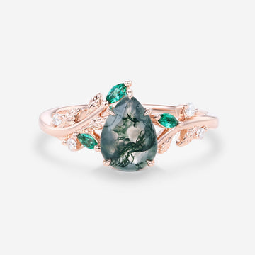 Pear cut Moss Agate + Lab Emerald Engagement Ring