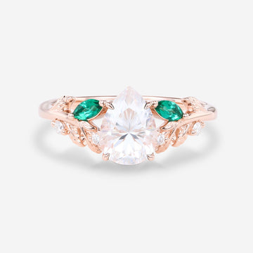 Pear cut Moissanite + Lab Emerald Engagement Ring