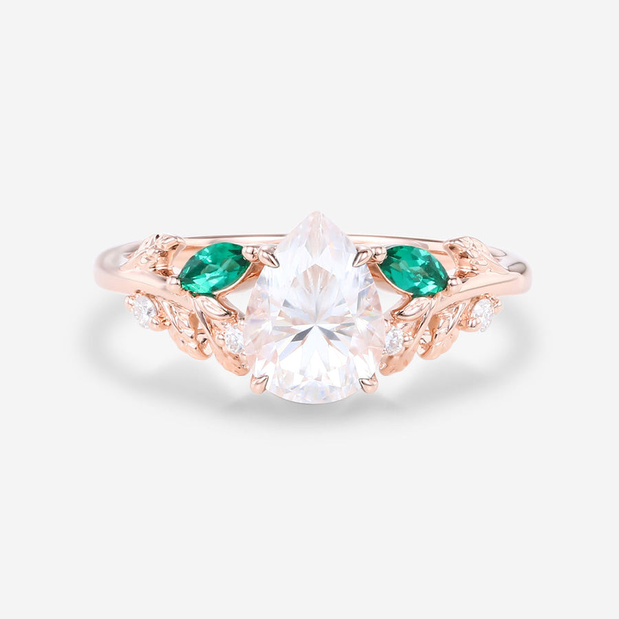 Pear cut Moissanite + Lab Emerald Engagement Ring