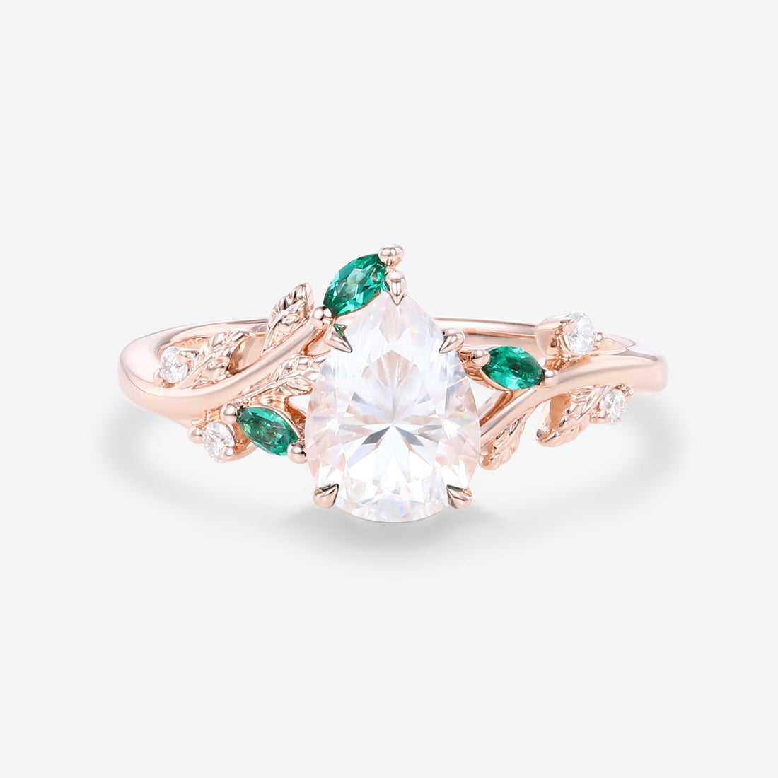 Pear cut Moissanite Engagement ring + Lab Emerald Engagement Ring