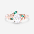 Pear cut Moissanite Engagement ring + Lab Emerald Engagement Ring